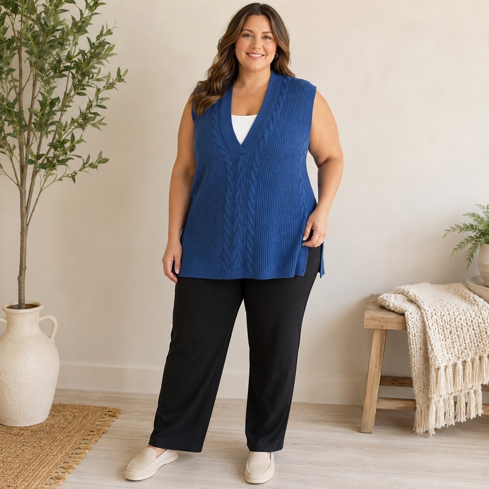 J Jill Womens 2X Blue Cable Knit Sweater Vest Long Tunic Cozy Layering Top